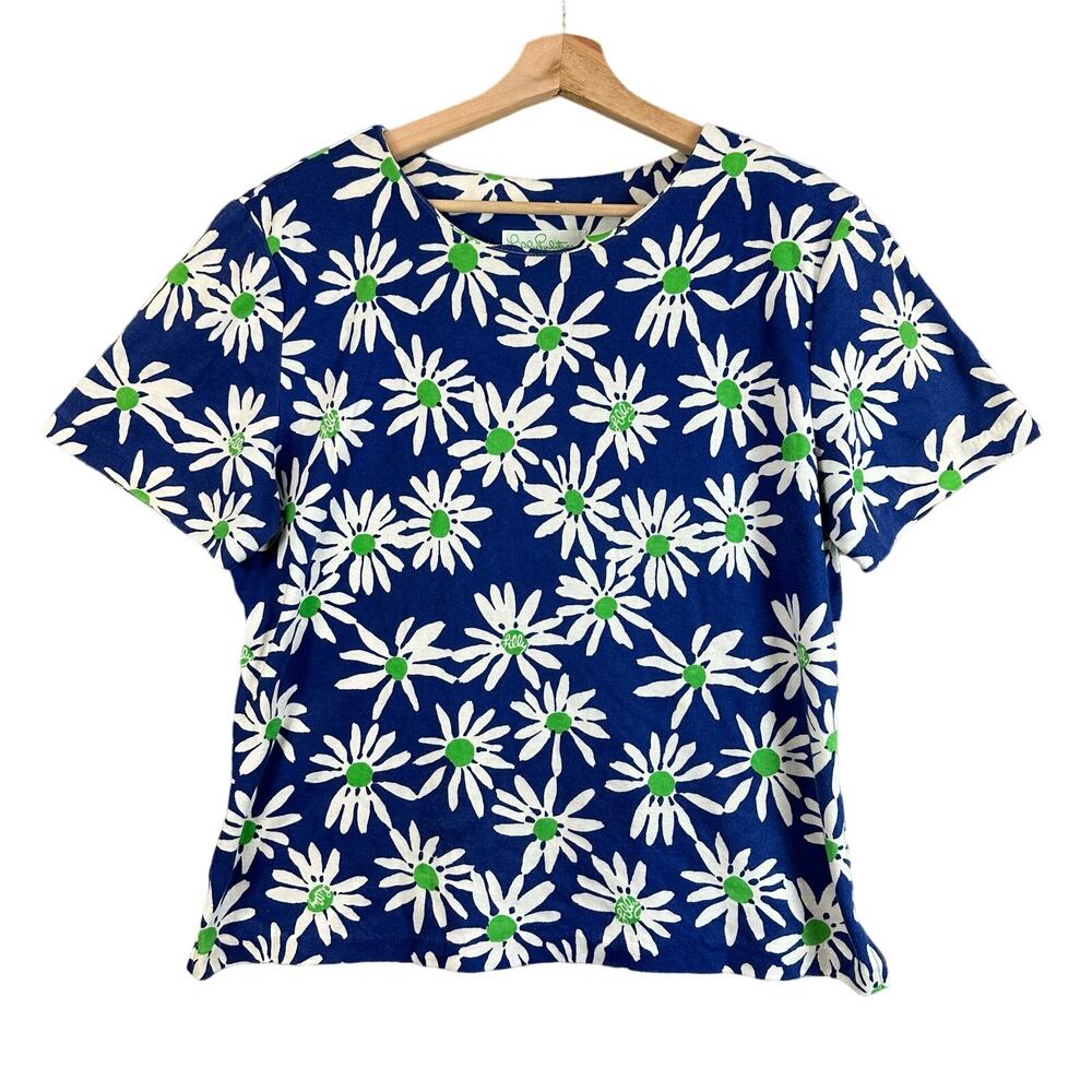 Lilly Pulitzer Vintage Floral T Shirt Top L Large Blue Green White Daisy 80s